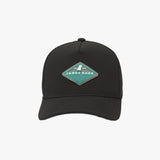 Black cap with a teal logo on a white background