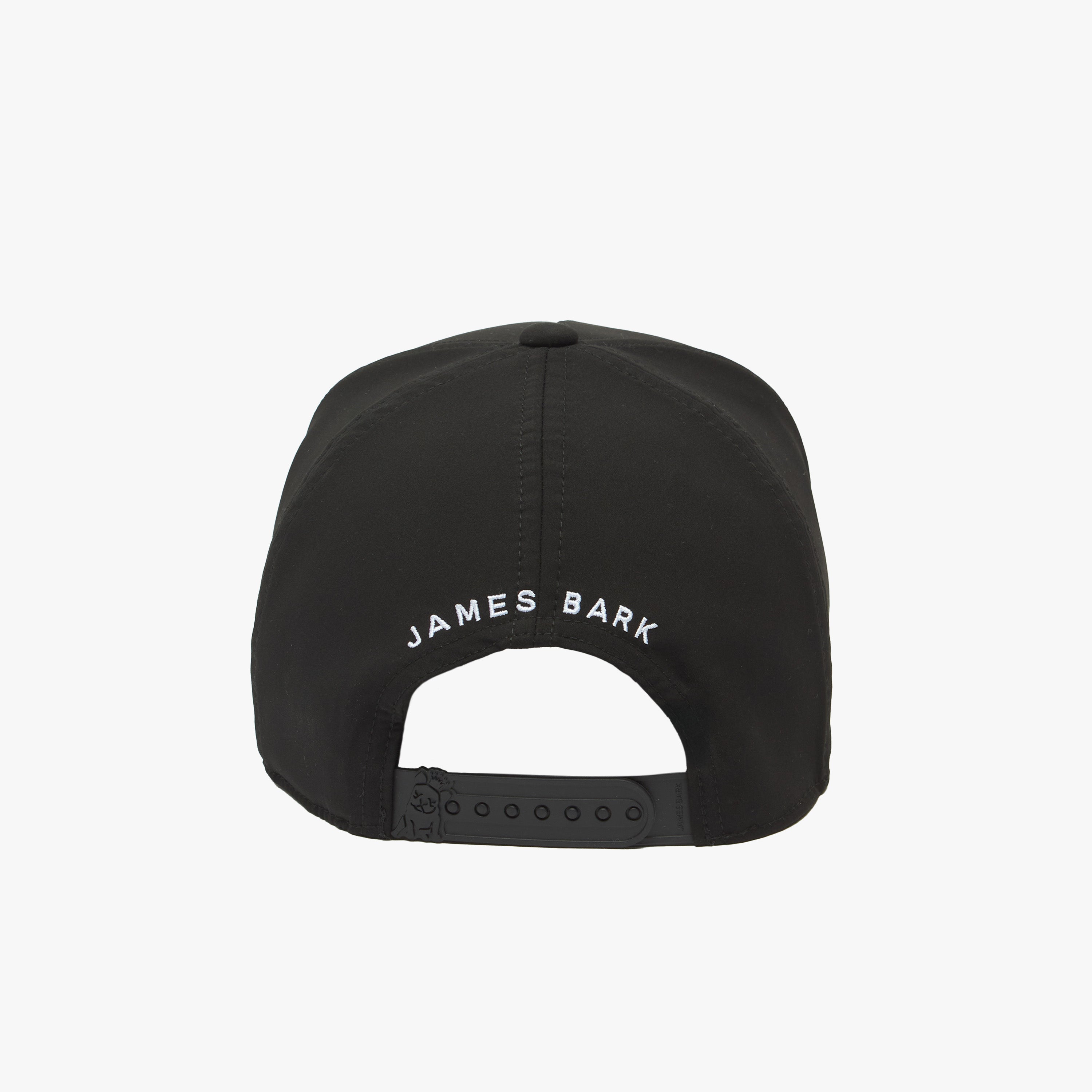 Back view of black cap with 'JAMES BARK' branding on a white background