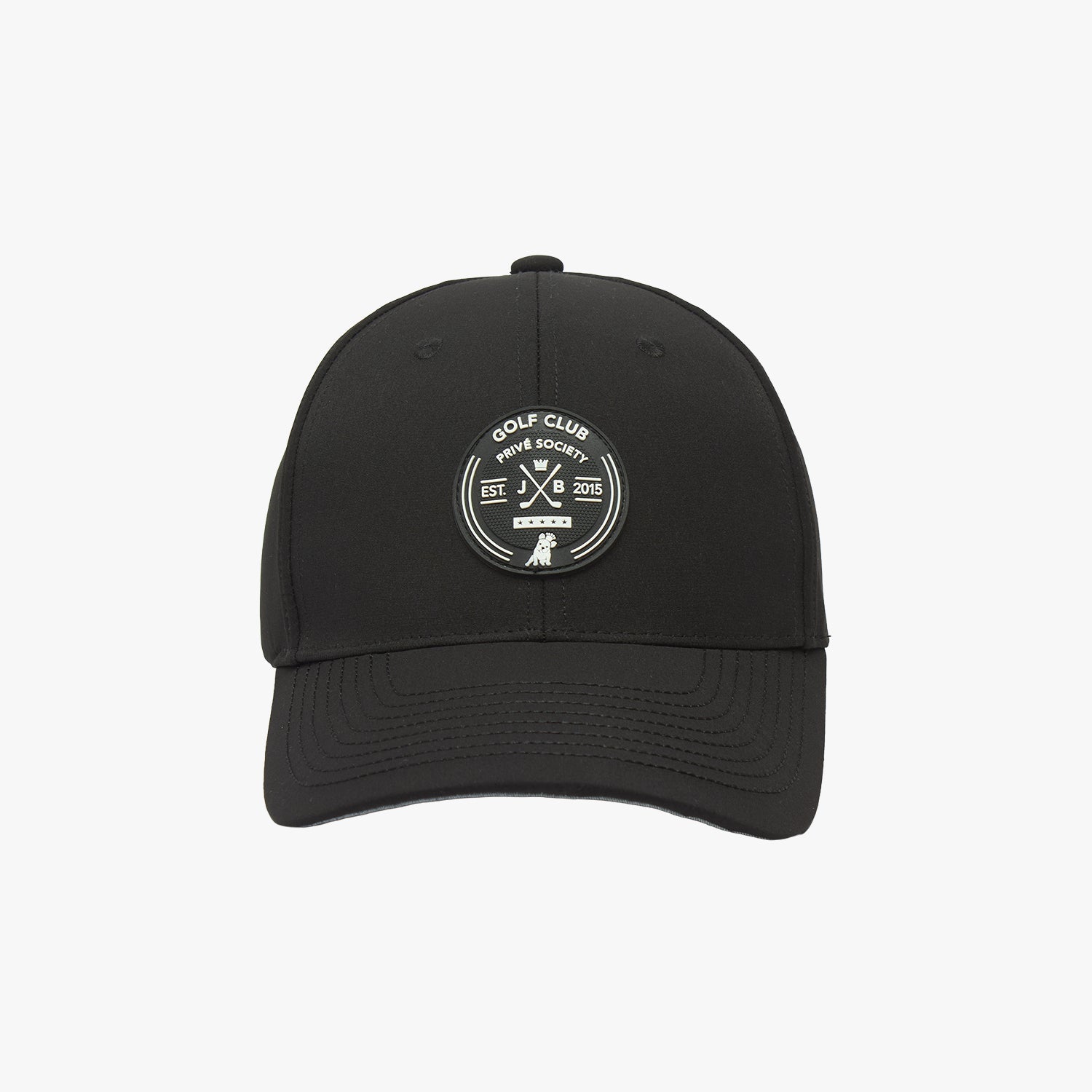 Black James Bark cap with a circular black and white patch that reads "GOLF CLUB PRIVÉ SOCIETY"