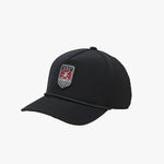 Side view of a black James Bark golf cap featuring a braided rope detail across the visor
