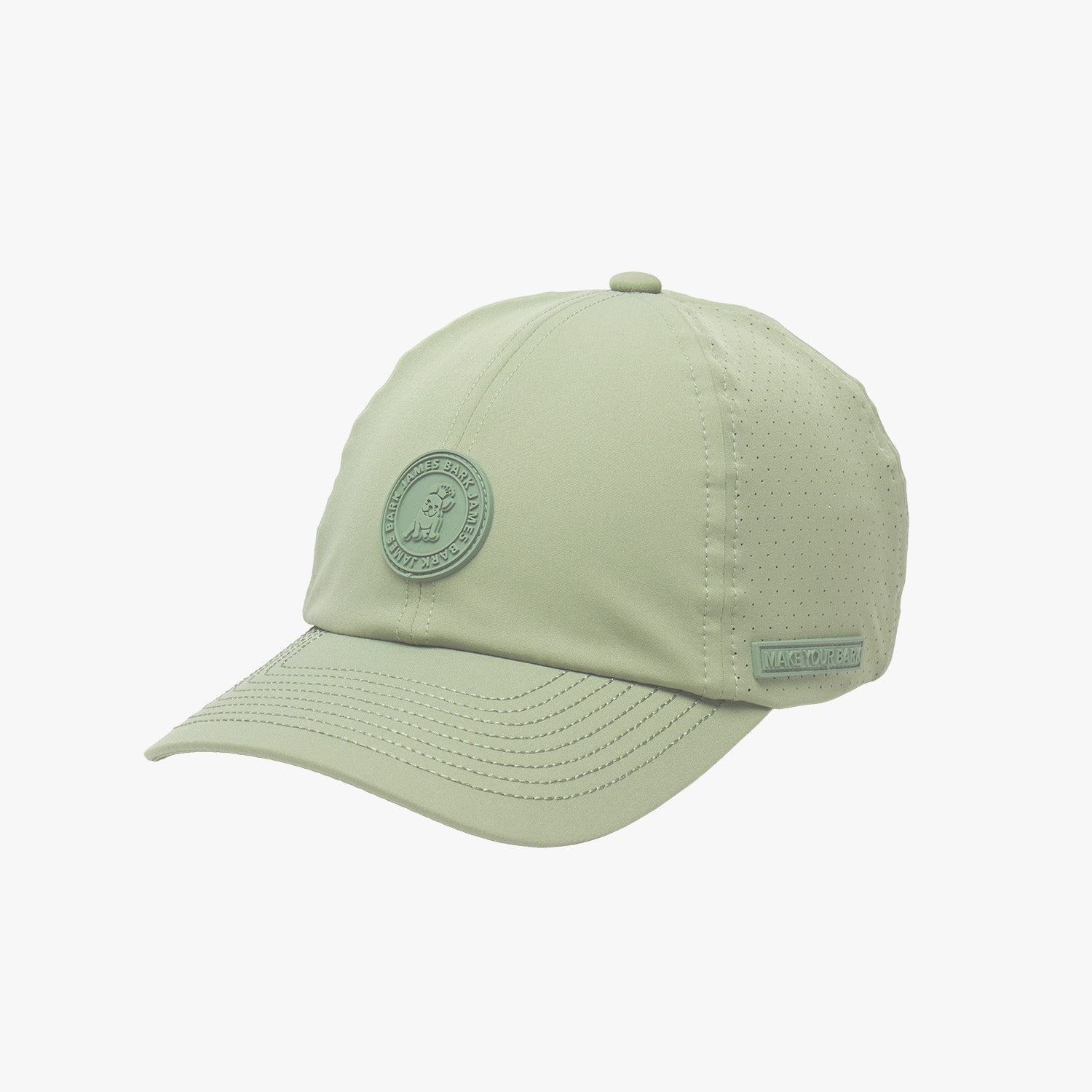 Side view of a light green baseball cap with a logo on a white background