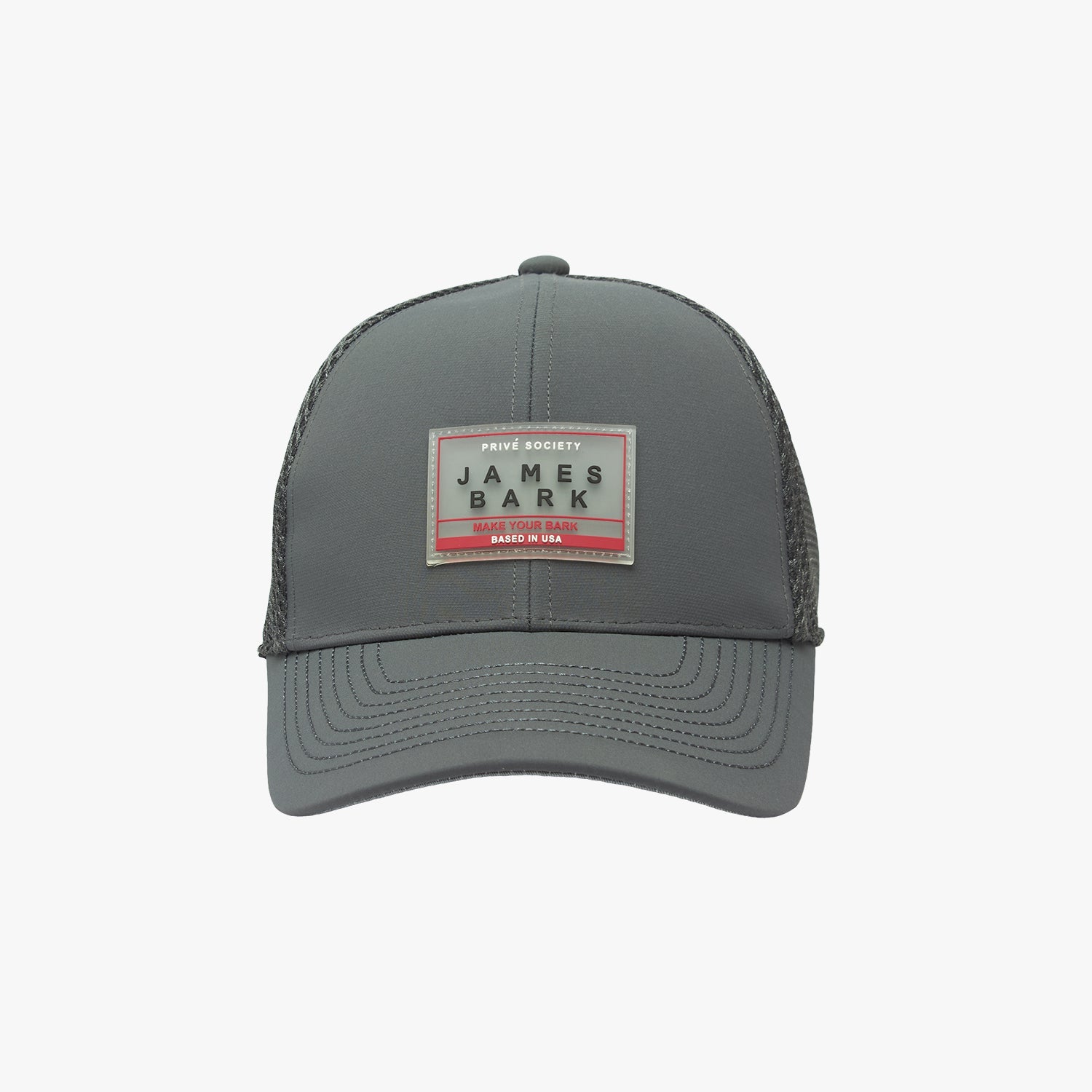 Gray cap with a 'James Bark' logo on a white background