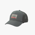 Side view of gray cap with a brand logo on a white background
