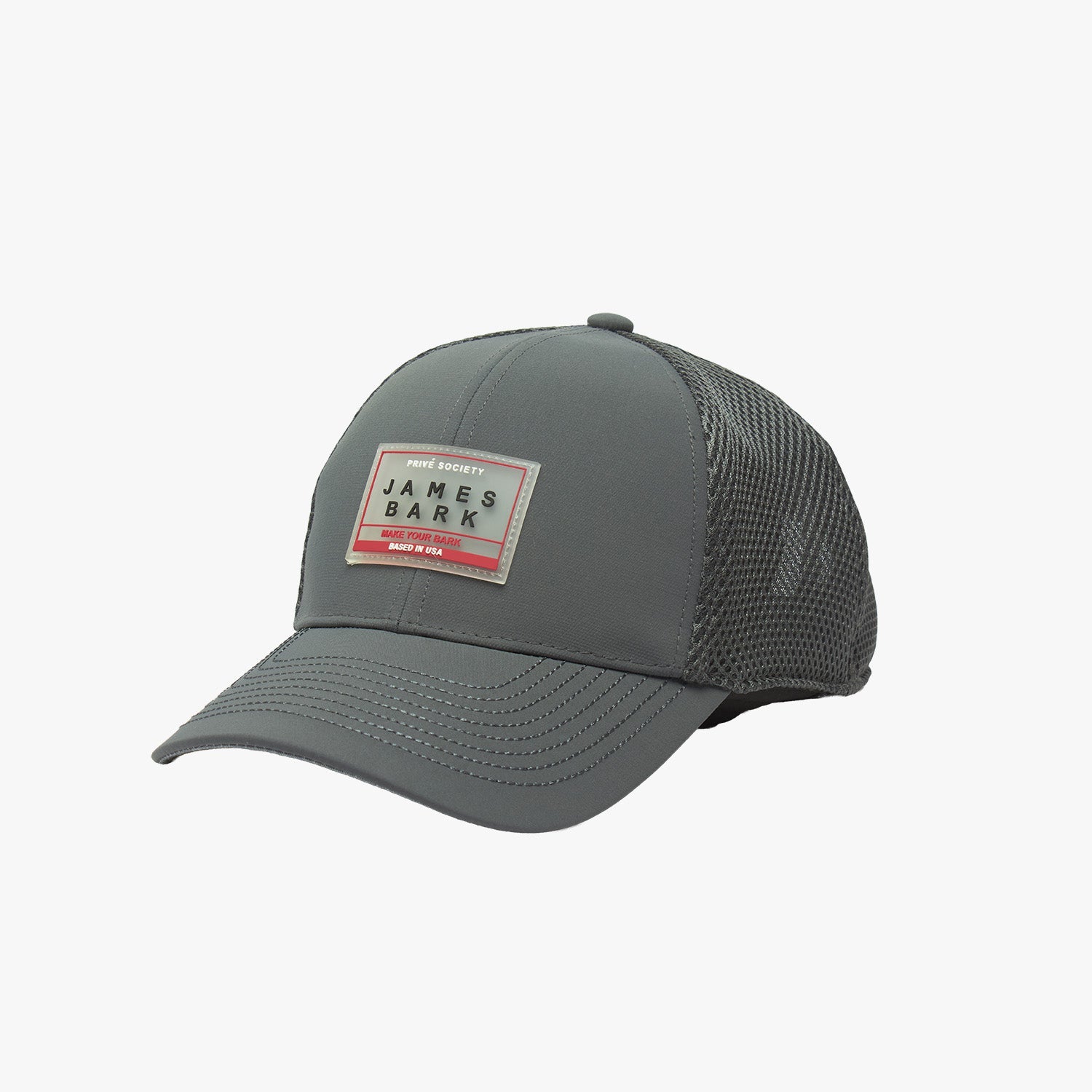 Side view of gray cap with a brand logo on a white background