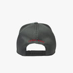 Back view of gray mesh cap with red text on a white background