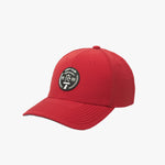 Side view of the red James Bark cap, showcasing the circular "GOLF CLUB" patch