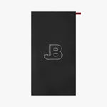 Black towel with 'JB' logo on a white background