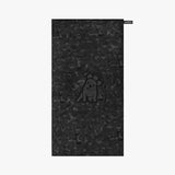 Black patterned towel with a logo on a white background