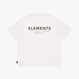 White t-shirt with 'ELEMENTS Design Studio' text on a white background