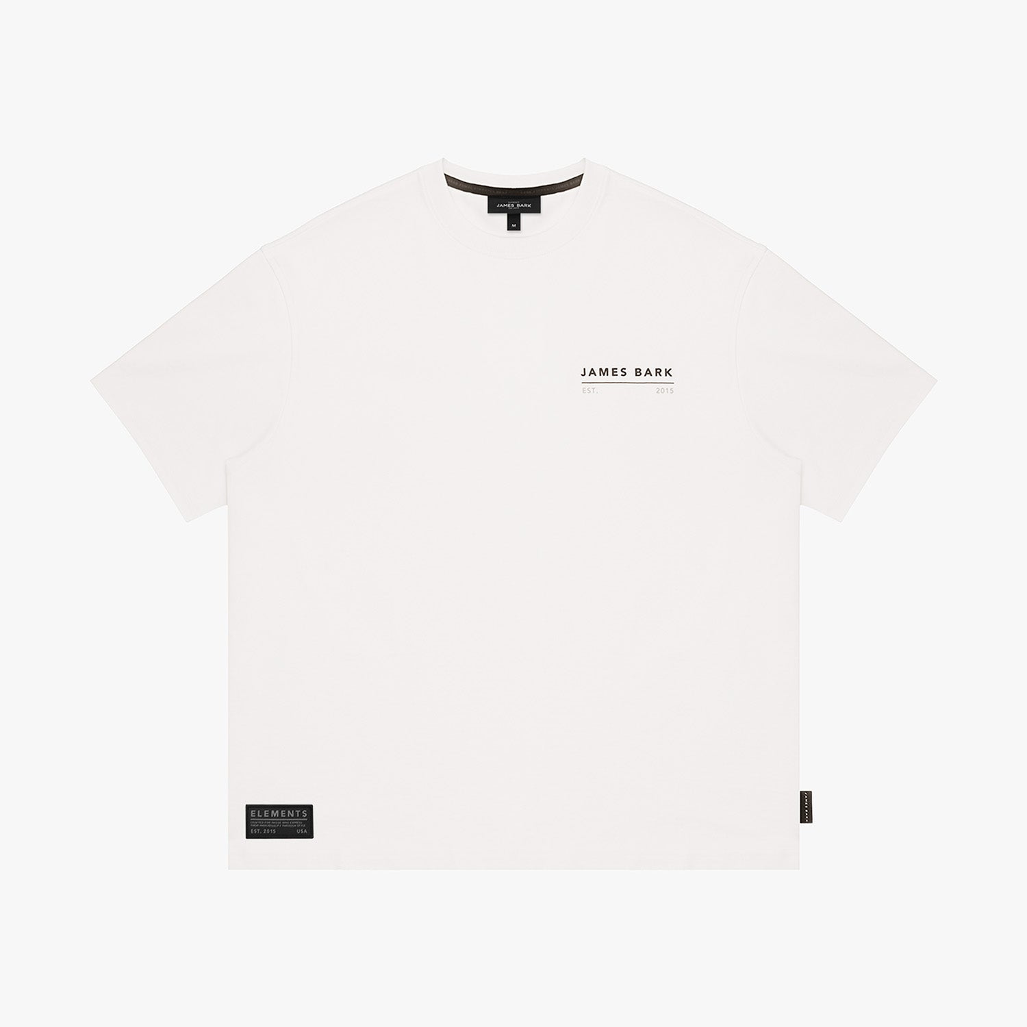 White t-shirt with 'JAMES BARK' branding on a white background
