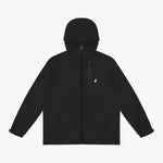 Front view of a black hooded jacket.