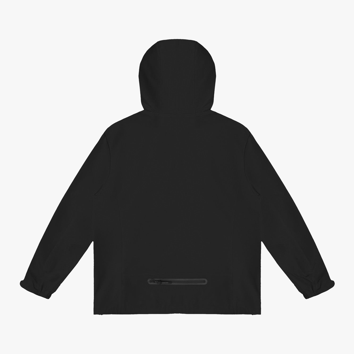 Back view of a black hooded jacket. 