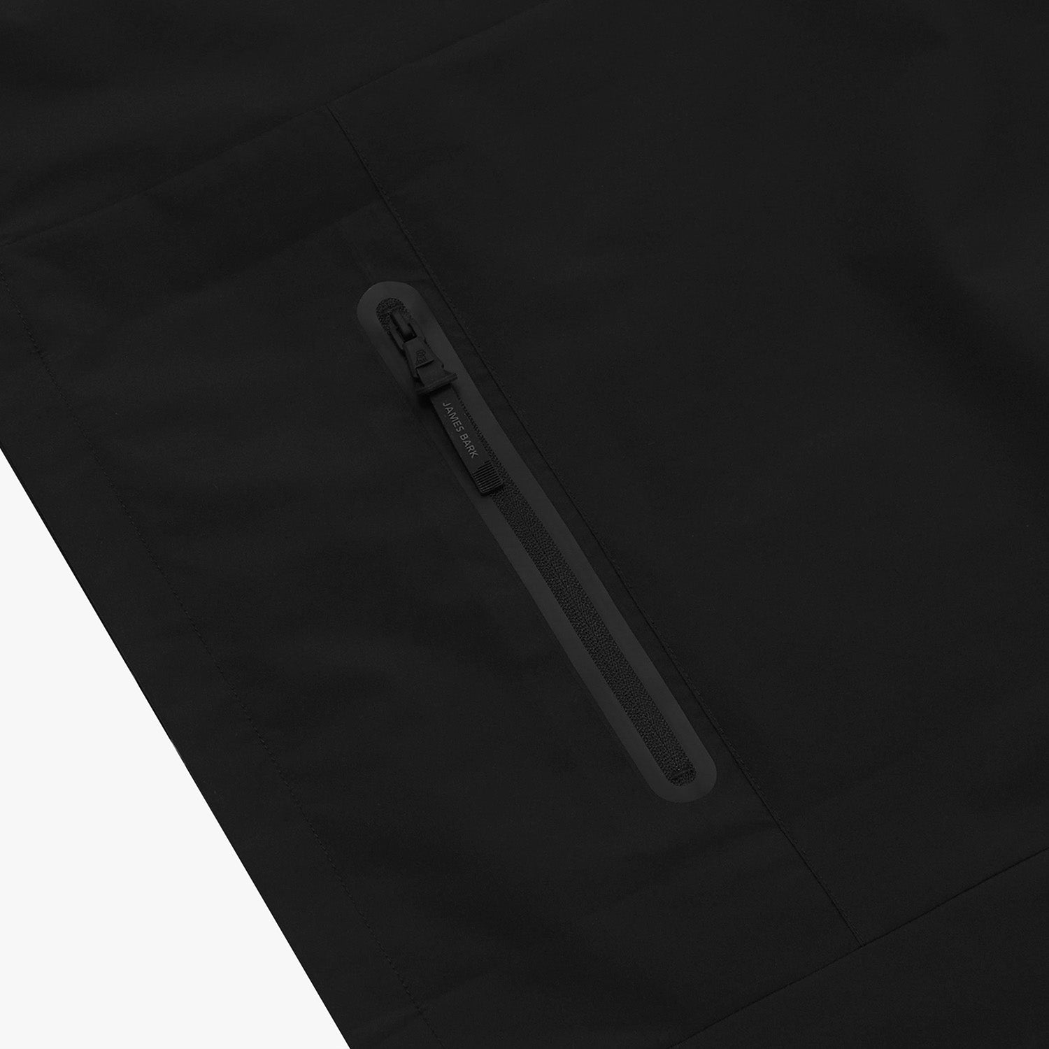 Close-up of the chest pocket of a black jacket. 