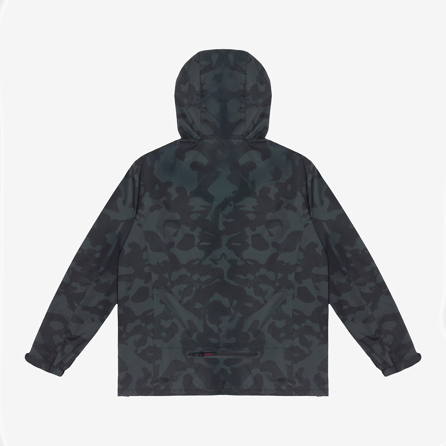 Back view of a camouflage patterned hooded jacket. 