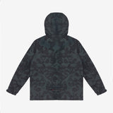 Back view of a camouflage patterned hooded jacket. 