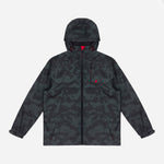 Front view of a camouflage patterned hooded jacket.