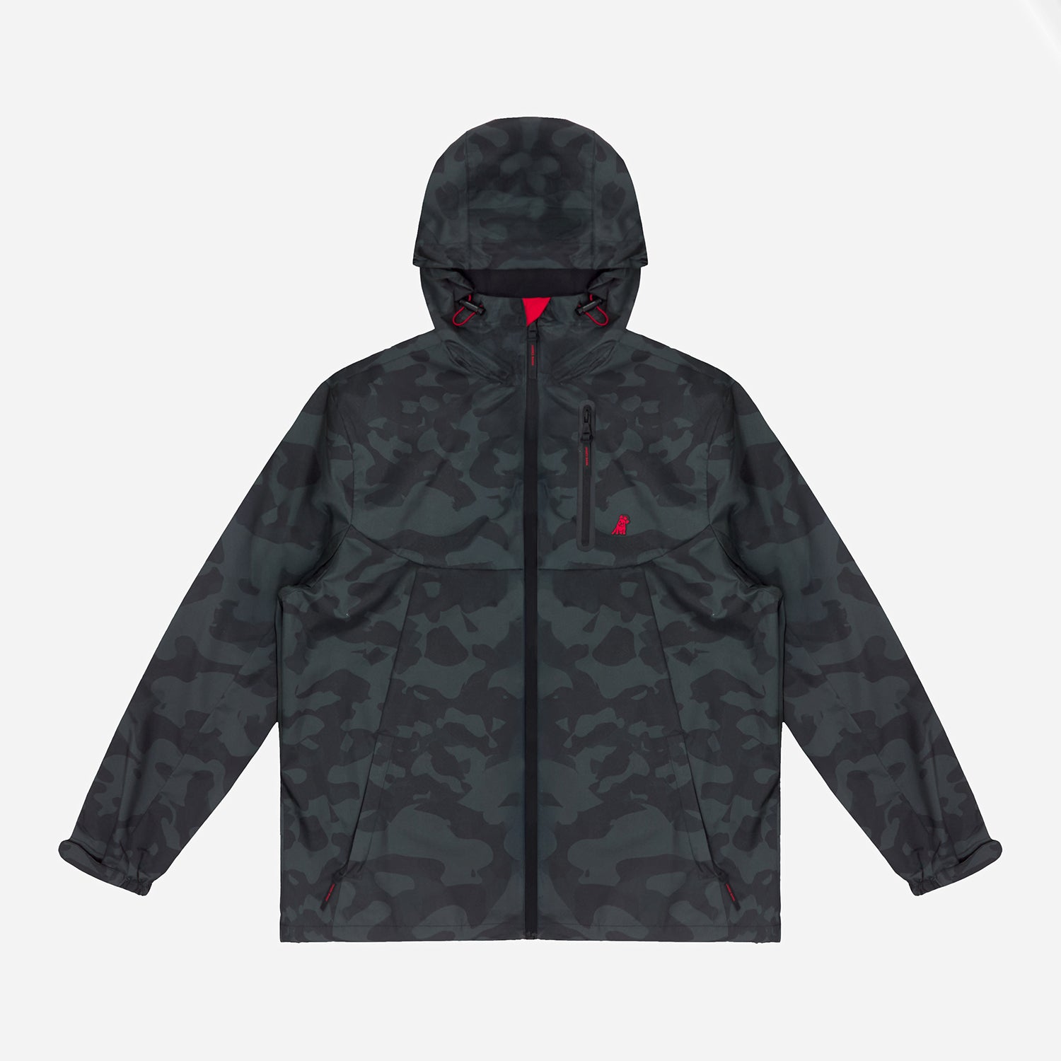 Front view of a camouflage patterned hooded jacket.