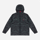 Front view of a camouflage patterned hooded jacket.