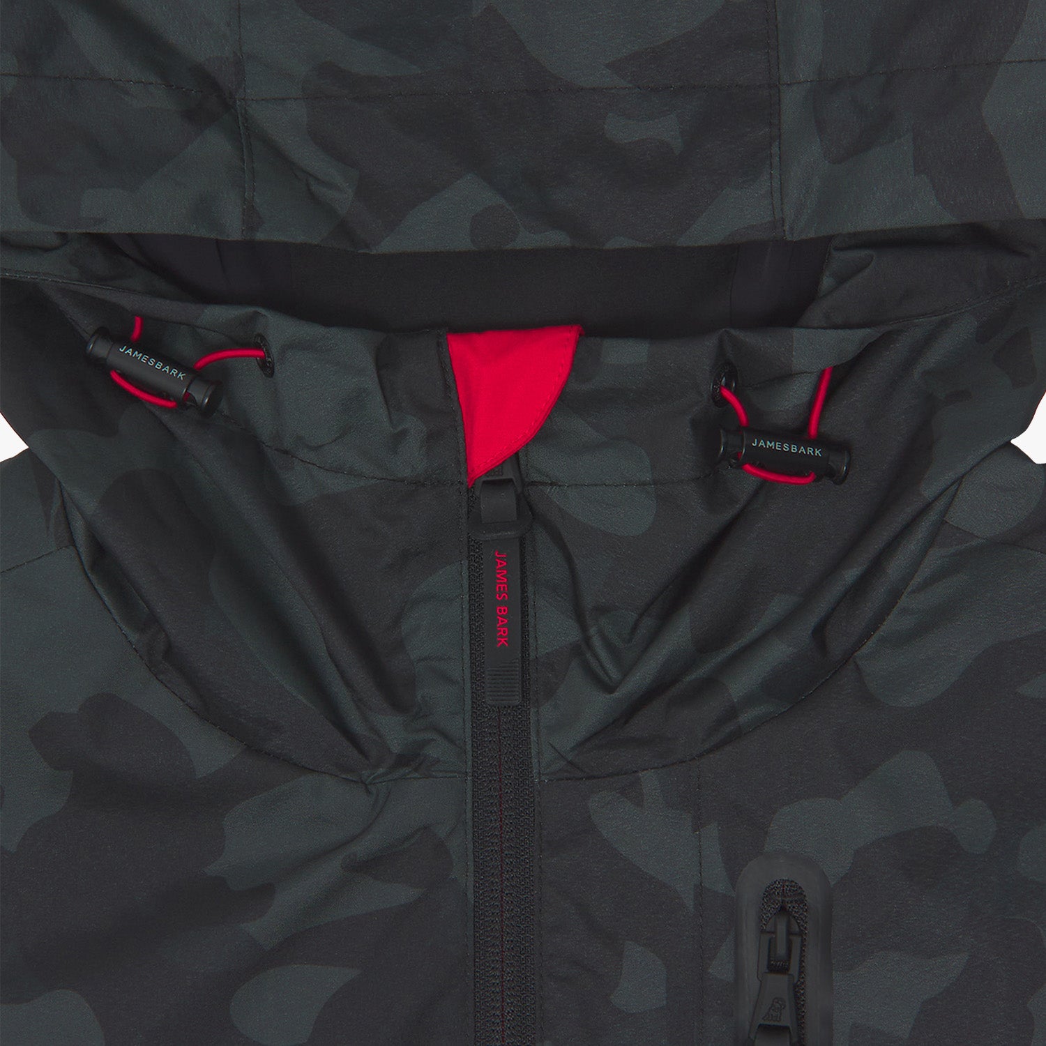 Close-up of the hood and upper chest of a camouflage-patterned jacket.