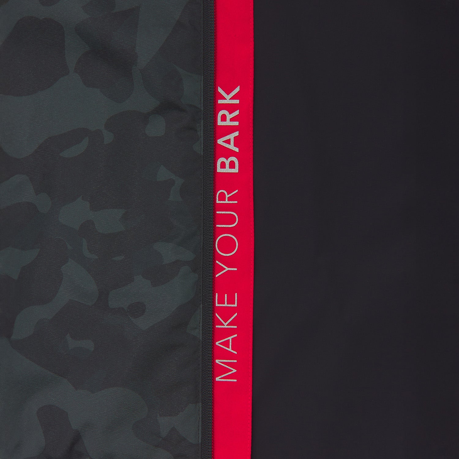 Close-up of the sleeve of a camouflage patterned jacket. 