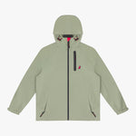 Front view of a sage green hooded jacket
