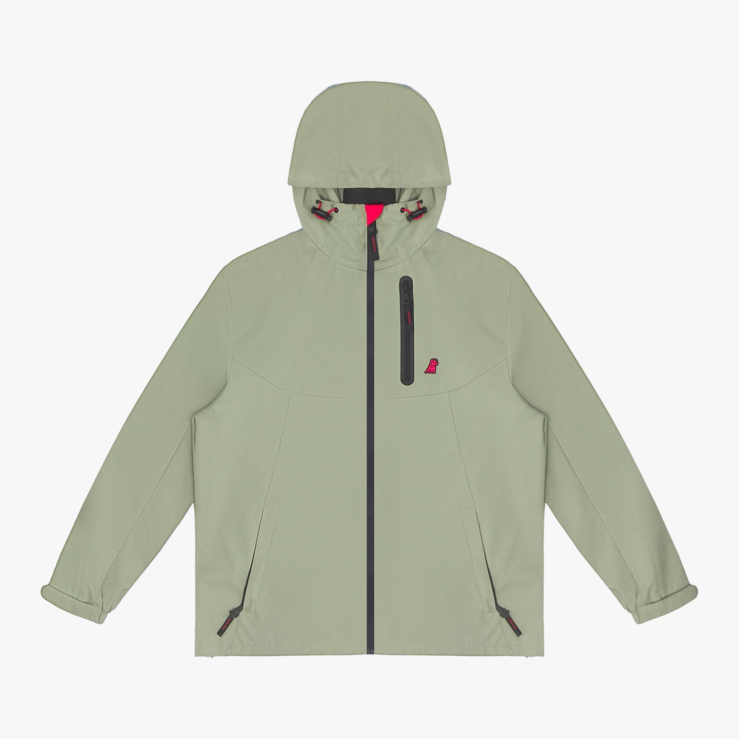 Front view of a sage green hooded jacket