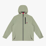 Front view of a sage green hooded jacket