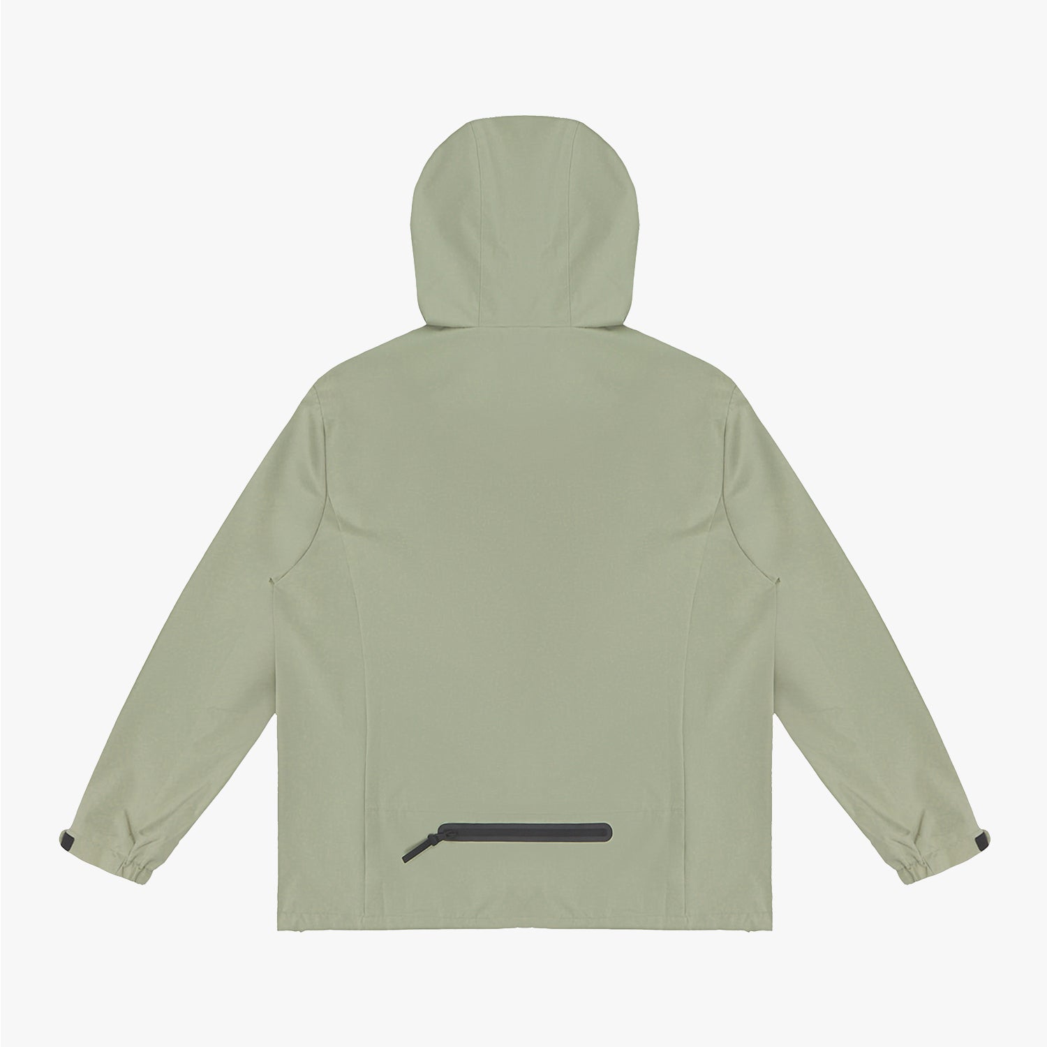 Back view of a sage green hooded jacket.