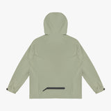 Back view of a sage green hooded jacket.