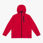 Front view of a red hooded jacket. 