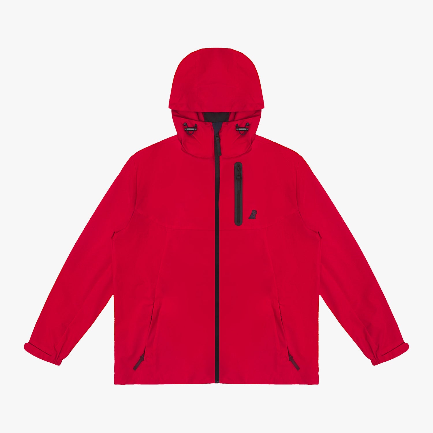 Front view of a red hooded jacket. 