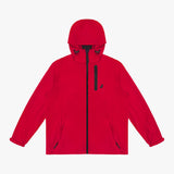 Front view of a red hooded jacket. 