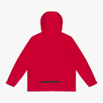 Back view of a red hooded jacket. 