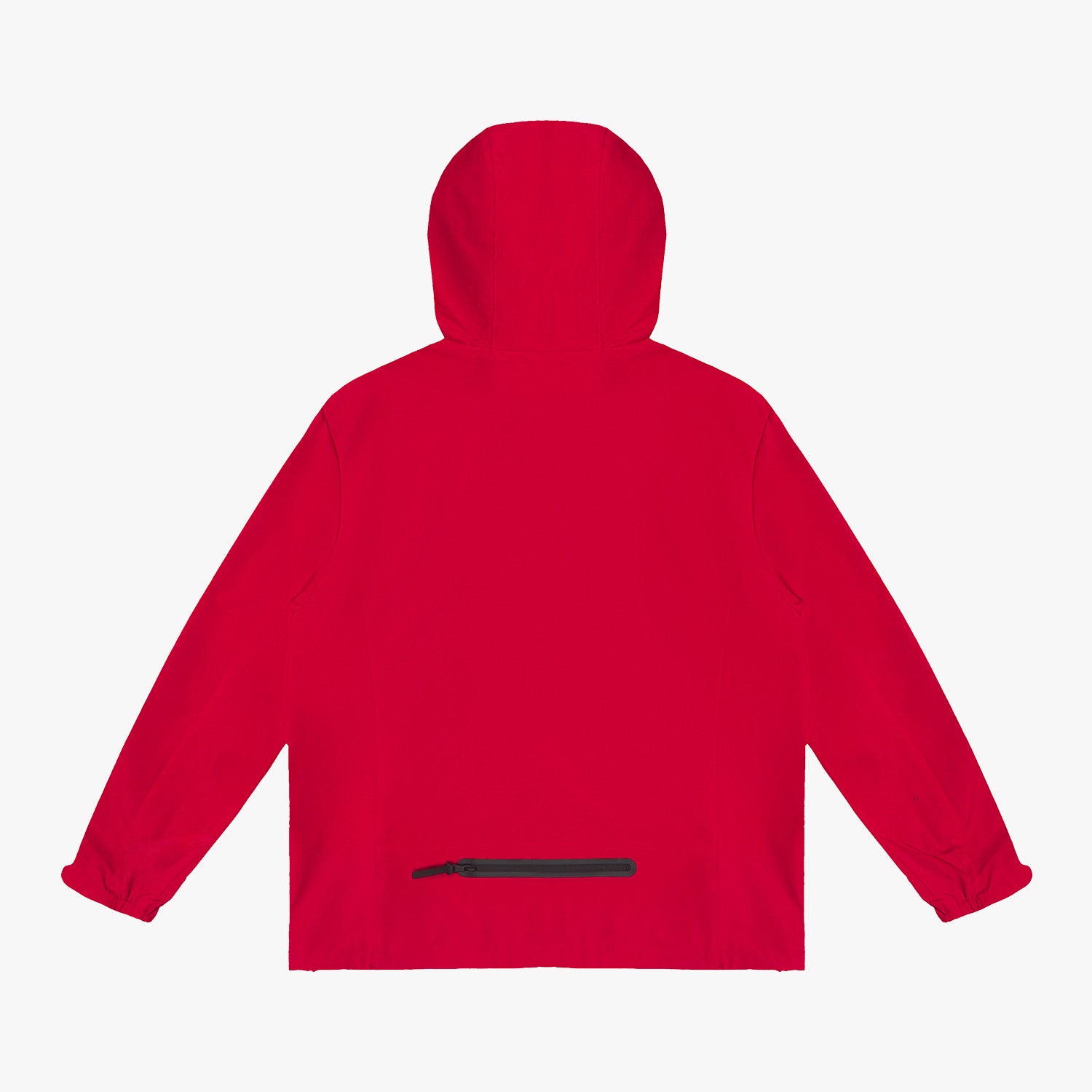 Back view of a red hooded jacket. 