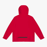Back view of a red hooded jacket. 