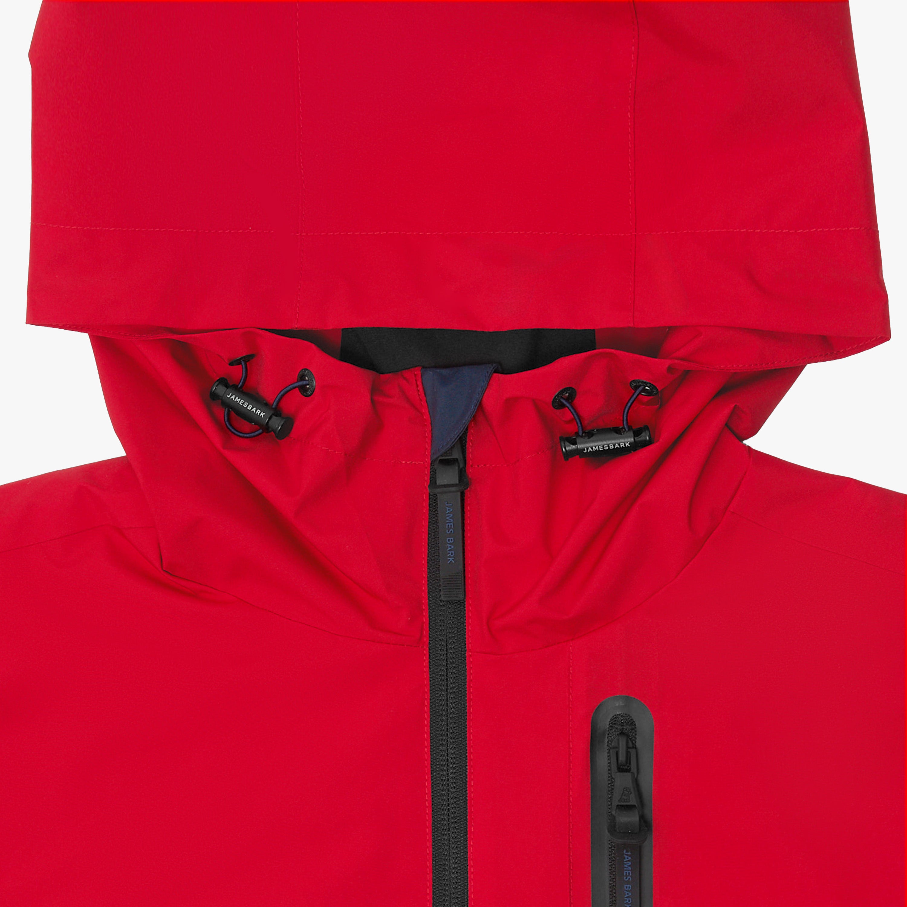 Close-up of the hood and upper chest of a red jacket. The hood has black toggles with black accents.