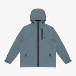 Front view of a slate blue hooded jacket.