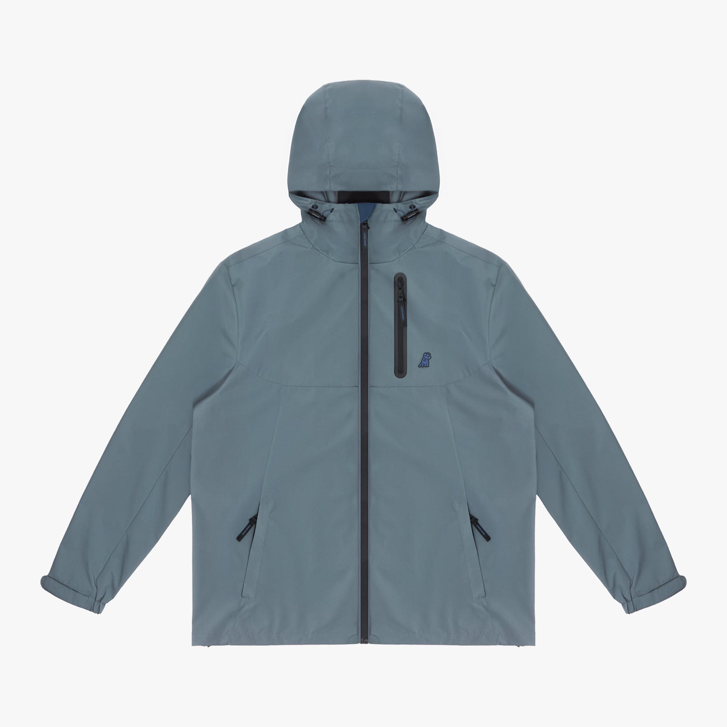 Front view of a slate blue hooded jacket.
