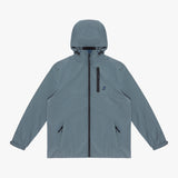 Front view of a slate blue hooded jacket.