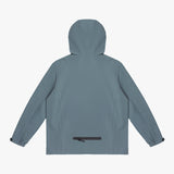 Back view of a slate blue hooded jacket.