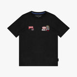 Black t-shirt with graphic design on a white background