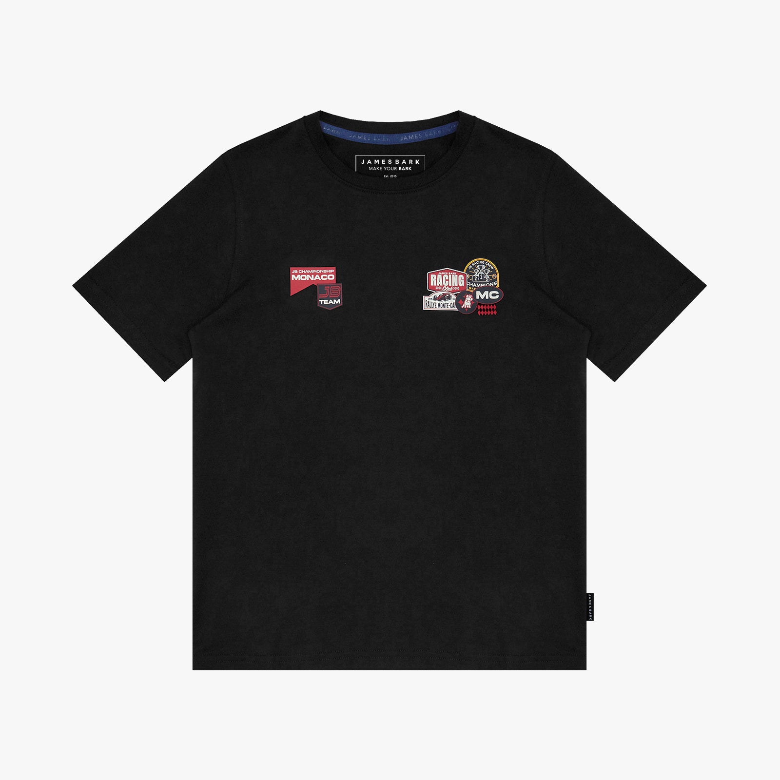 Black t-shirt with graphic design on a white background