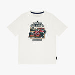 An off-white short-sleeve t-shirt featuring a graphic print of a red Formula 1 race car with 'JAMES BARK' and 'RACING DRIVING' text