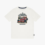 An off-white short-sleeve t-shirt featuring a graphic print of a red Formula 1 race car with 'JAMES BARK' and 'RACING DRIVING' text