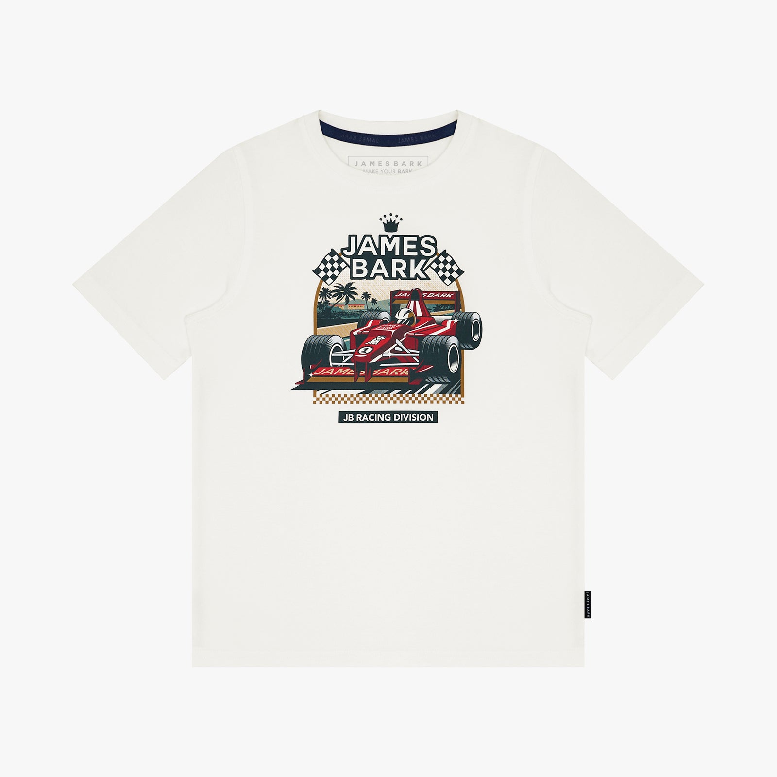 An off-white short-sleeve t-shirt featuring a graphic print of a red Formula 1 race car with 'JAMES BARK' and 'RACING DRIVING' text