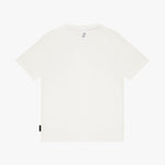A plain white short-sleeve crewneck t-shirt shown from the back, featuring a small black tag on the lower left hem and a small gray graphic near the inner collar