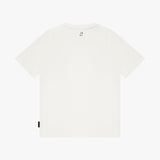 A plain white short-sleeve crewneck t-shirt shown from the back, featuring a small black tag on the lower left hem and a small gray graphic near the inner collar
