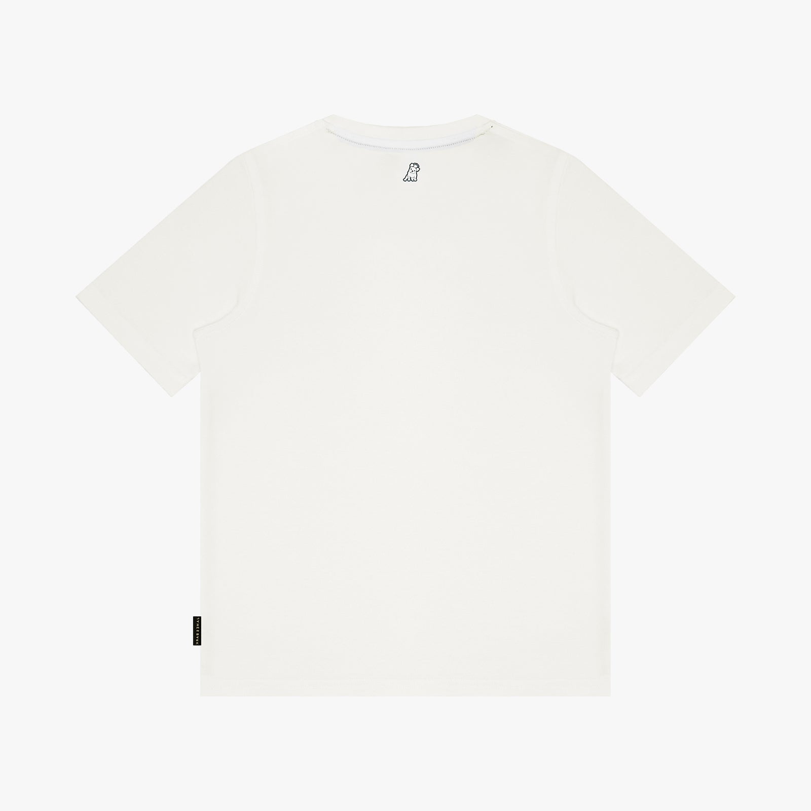 A plain white short-sleeve crewneck t-shirt shown from the back, featuring a small black tag on the lower left hem and a small gray graphic near the inner collar