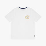 A white short-sleeve crewneck t-shirt by James Park, featuring a small gold crest logo on the left chest and a navy blue inner collar trim.