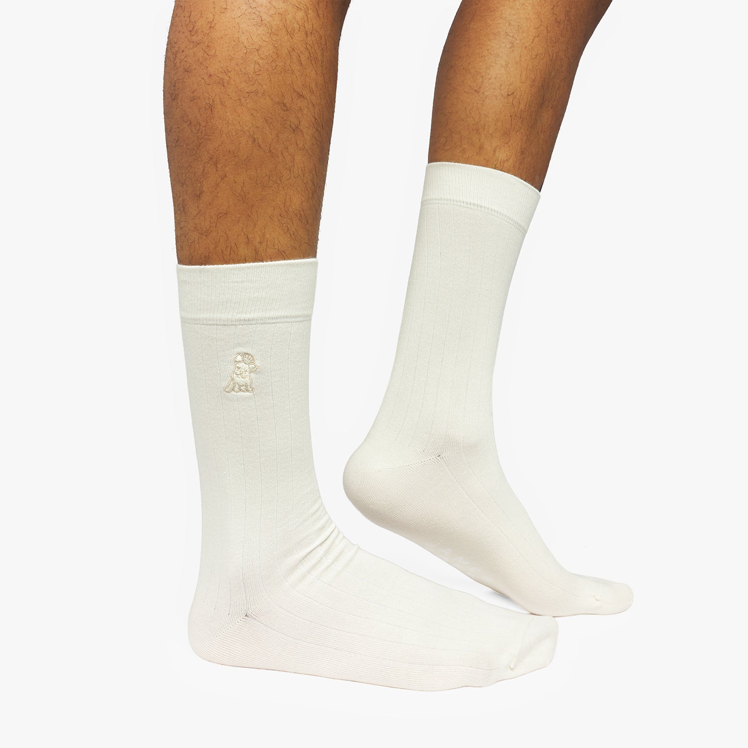 White socks worn by a person on a white background